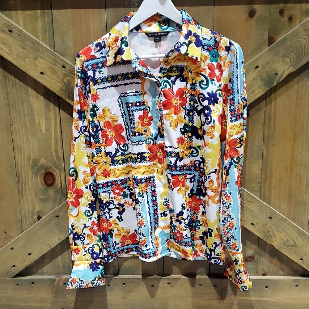 La Dolce Scarf Print Boston Proper Vibrant Floral Button Down Shirt Charmeuse